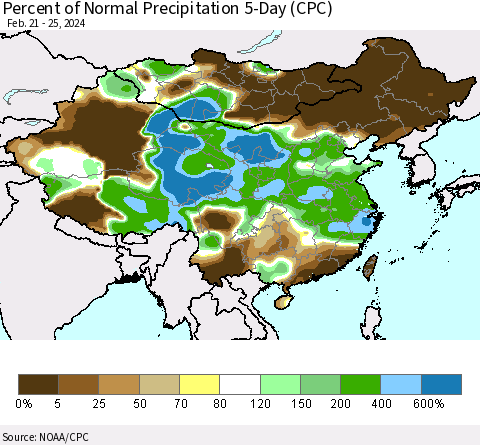 China, Mongolia and Taiwan Percent of Normal Precipitation 5-Day (CPC) Thematic Map For 2/21/2024 - 2/25/2024