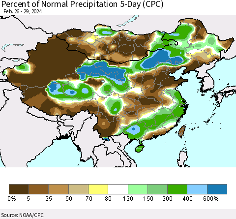 China, Mongolia and Taiwan Percent of Normal Precipitation 5-Day (CPC) Thematic Map For 2/26/2024 - 2/29/2024