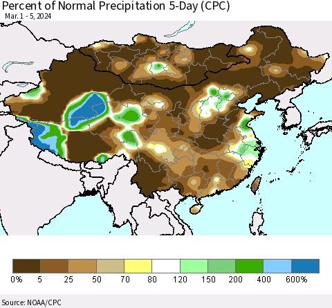China, Mongolia and Taiwan Percent of Normal Precipitation 5-Day (CPC) Thematic Map For 3/1/2024 - 3/5/2024