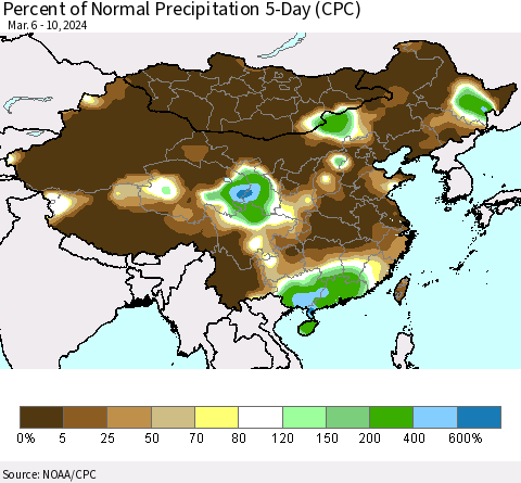 China, Mongolia and Taiwan Percent of Normal Precipitation 5-Day (CPC) Thematic Map For 3/6/2024 - 3/10/2024