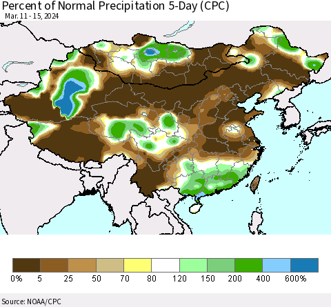 China, Mongolia and Taiwan Percent of Normal Precipitation 5-Day (CPC) Thematic Map For 3/11/2024 - 3/15/2024