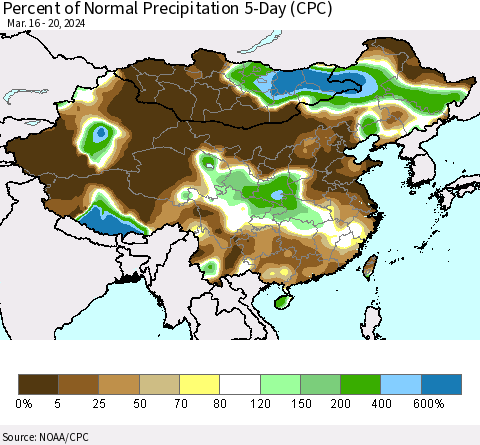 China, Mongolia and Taiwan Percent of Normal Precipitation 5-Day (CPC) Thematic Map For 3/16/2024 - 3/20/2024