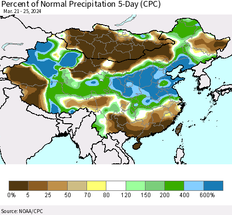 China, Mongolia and Taiwan Percent of Normal Precipitation 5-Day (CPC) Thematic Map For 3/21/2024 - 3/25/2024