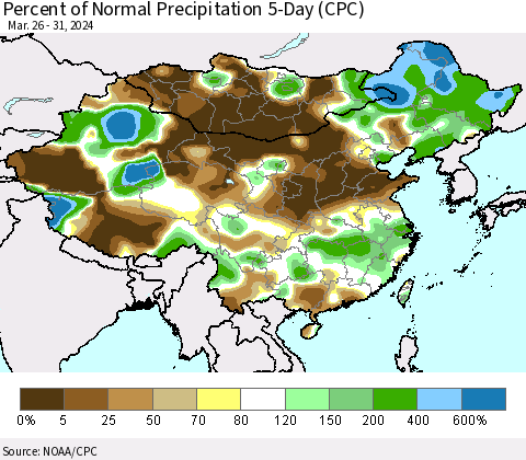 China, Mongolia and Taiwan Percent of Normal Precipitation 5-Day (CPC) Thematic Map For 3/26/2024 - 3/31/2024