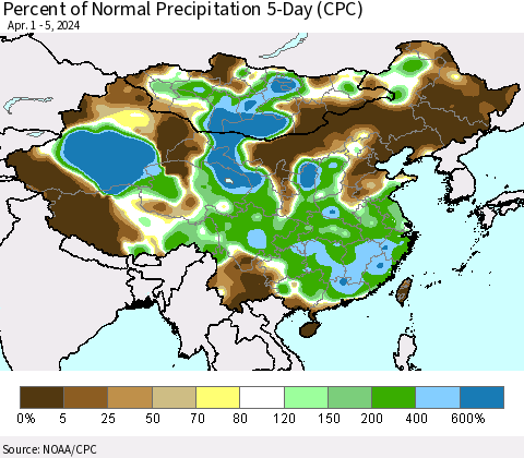 China, Mongolia and Taiwan Percent of Normal Precipitation 5-Day (CPC) Thematic Map For 4/1/2024 - 4/5/2024