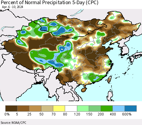China, Mongolia and Taiwan Percent of Normal Precipitation 5-Day (CPC) Thematic Map For 4/6/2024 - 4/10/2024