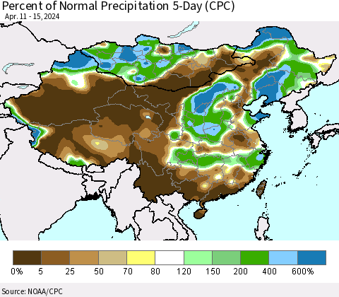 China, Mongolia and Taiwan Percent of Normal Precipitation 5-Day (CPC) Thematic Map For 4/11/2024 - 4/15/2024