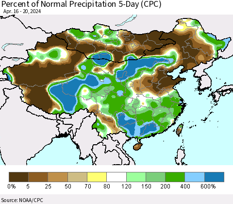 China, Mongolia and Taiwan Percent of Normal Precipitation 5-Day (CPC) Thematic Map For 4/16/2024 - 4/20/2024