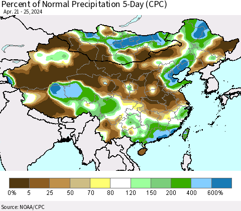 China, Mongolia and Taiwan Percent of Normal Precipitation 5-Day (CPC) Thematic Map For 4/21/2024 - 4/25/2024