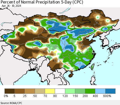 China, Mongolia and Taiwan Percent of Normal Precipitation 5-Day (CPC) Thematic Map For 4/26/2024 - 4/30/2024