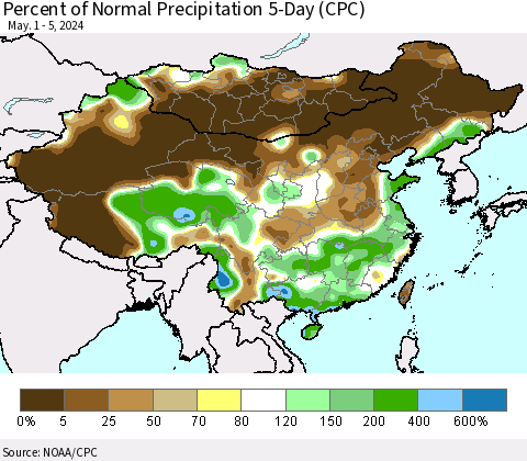 China, Mongolia and Taiwan Percent of Normal Precipitation 5-Day (CPC) Thematic Map For 5/1/2024 - 5/5/2024