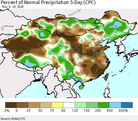 China, Mongolia and Taiwan Percent of Normal Precipitation 5-Day (CPC) Thematic Map For 5/6/2024 - 5/10/2024