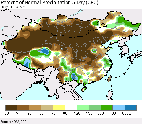 China, Mongolia and Taiwan Percent of Normal Precipitation 5-Day (CPC) Thematic Map For 5/11/2024 - 5/15/2024