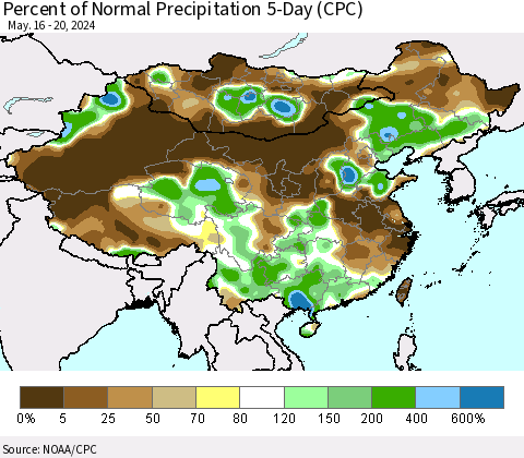China, Mongolia and Taiwan Percent of Normal Precipitation 5-Day (CPC) Thematic Map For 5/16/2024 - 5/20/2024