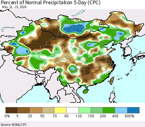 China, Mongolia and Taiwan Percent of Normal Precipitation 5-Day (CPC) Thematic Map For 5/21/2024 - 5/25/2024