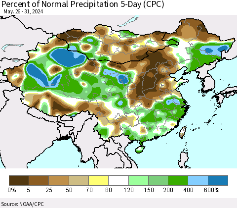 China, Mongolia and Taiwan Percent of Normal Precipitation 5-Day (CPC) Thematic Map For 5/26/2024 - 5/31/2024
