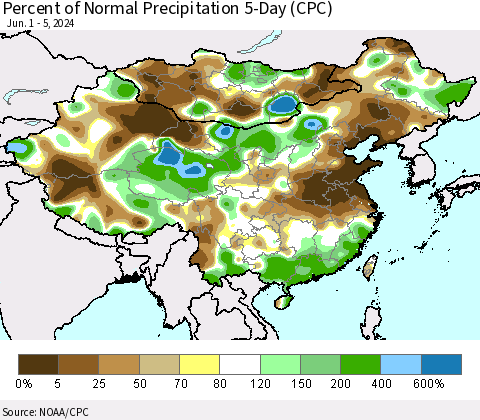 China, Mongolia and Taiwan Percent of Normal Precipitation 5-Day (CPC) Thematic Map For 6/1/2024 - 6/5/2024