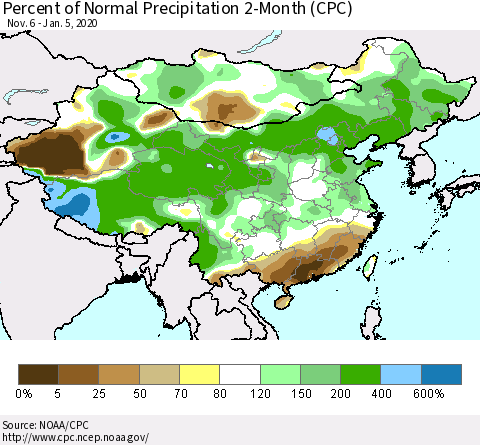 China, Mongolia and Taiwan Percent of Normal Precipitation 2-Month (CPC) Thematic Map For 11/6/2019 - 1/5/2020