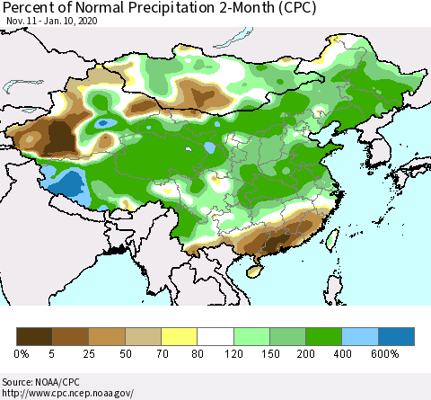 China, Mongolia and Taiwan Percent of Normal Precipitation 2-Month (CPC) Thematic Map For 11/11/2019 - 1/10/2020