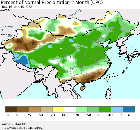 China, Mongolia and Taiwan Percent of Normal Precipitation 2-Month (CPC) Thematic Map For 11/16/2019 - 1/15/2020