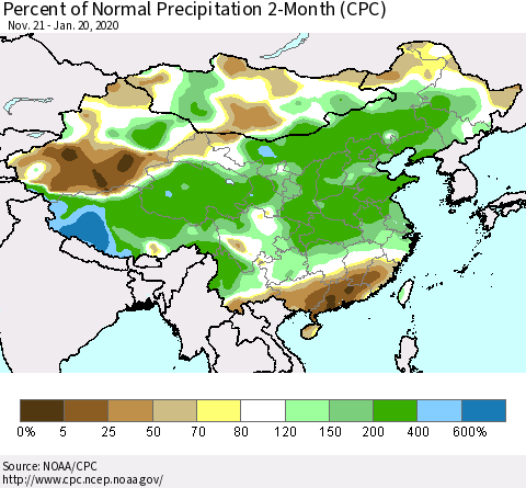 China, Mongolia and Taiwan Percent of Normal Precipitation 2-Month (CPC) Thematic Map For 11/21/2019 - 1/20/2020