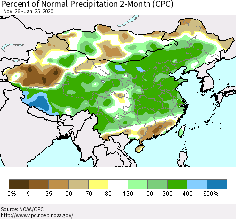 China, Mongolia and Taiwan Percent of Normal Precipitation 2-Month (CPC) Thematic Map For 11/26/2019 - 1/25/2020