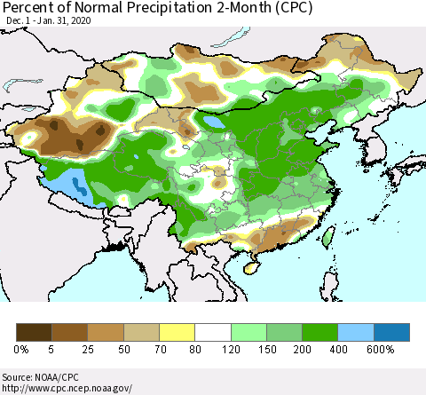 China, Mongolia and Taiwan Percent of Normal Precipitation 2-Month (CPC) Thematic Map For 12/1/2019 - 1/31/2020
