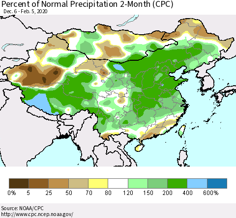 China, Mongolia and Taiwan Percent of Normal Precipitation 2-Month (CPC) Thematic Map For 12/6/2019 - 2/5/2020