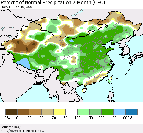 China, Mongolia and Taiwan Percent of Normal Precipitation 2-Month (CPC) Thematic Map For 12/11/2019 - 2/10/2020