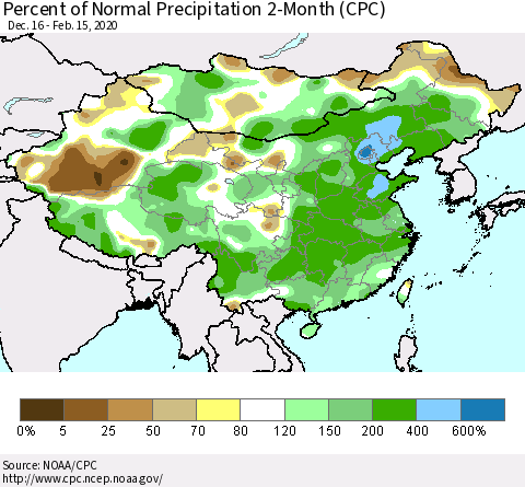 China, Mongolia and Taiwan Percent of Normal Precipitation 2-Month (CPC) Thematic Map For 12/16/2019 - 2/15/2020