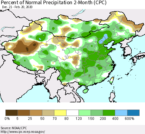 China, Mongolia and Taiwan Percent of Normal Precipitation 2-Month (CPC) Thematic Map For 12/21/2019 - 2/20/2020