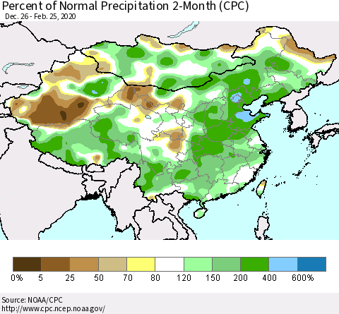 China, Mongolia and Taiwan Percent of Normal Precipitation 2-Month (CPC) Thematic Map For 12/26/2019 - 2/25/2020