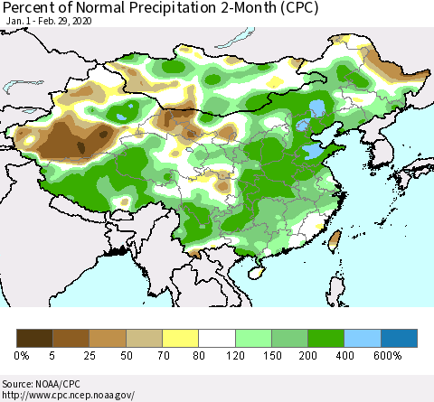 China, Mongolia and Taiwan Percent of Normal Precipitation 2-Month (CPC) Thematic Map For 1/1/2020 - 2/29/2020