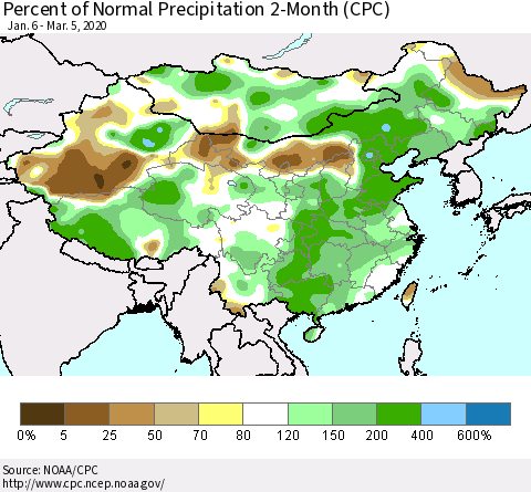 China, Mongolia and Taiwan Percent of Normal Precipitation 2-Month (CPC) Thematic Map For 1/6/2020 - 3/5/2020