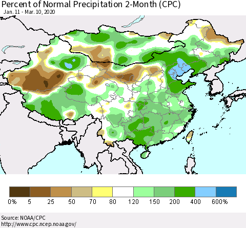 China, Mongolia and Taiwan Percent of Normal Precipitation 2-Month (CPC) Thematic Map For 1/11/2020 - 3/10/2020