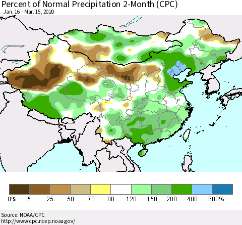 China, Mongolia and Taiwan Percent of Normal Precipitation 2-Month (CPC) Thematic Map For 1/16/2020 - 3/15/2020
