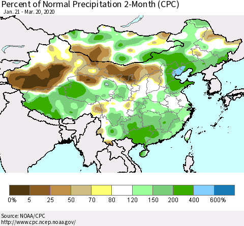 China, Mongolia and Taiwan Percent of Normal Precipitation 2-Month (CPC) Thematic Map For 1/21/2020 - 3/20/2020