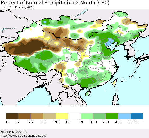 China, Mongolia and Taiwan Percent of Normal Precipitation 2-Month (CPC) Thematic Map For 1/26/2020 - 3/25/2020