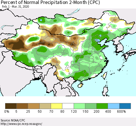 China, Mongolia and Taiwan Percent of Normal Precipitation 2-Month (CPC) Thematic Map For 2/1/2020 - 3/31/2020