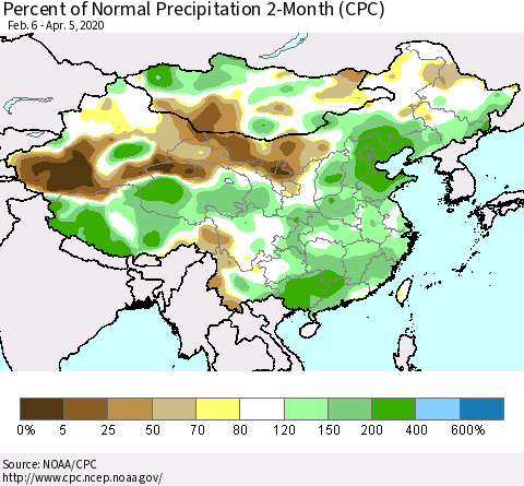 China, Mongolia and Taiwan Percent of Normal Precipitation 2-Month (CPC) Thematic Map For 2/6/2020 - 4/5/2020