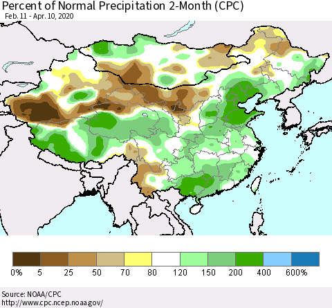 China, Mongolia and Taiwan Percent of Normal Precipitation 2-Month (CPC) Thematic Map For 2/11/2020 - 4/10/2020