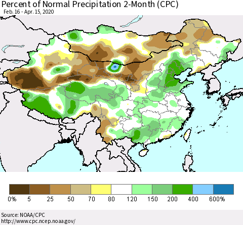 China, Mongolia and Taiwan Percent of Normal Precipitation 2-Month (CPC) Thematic Map For 2/16/2020 - 4/15/2020