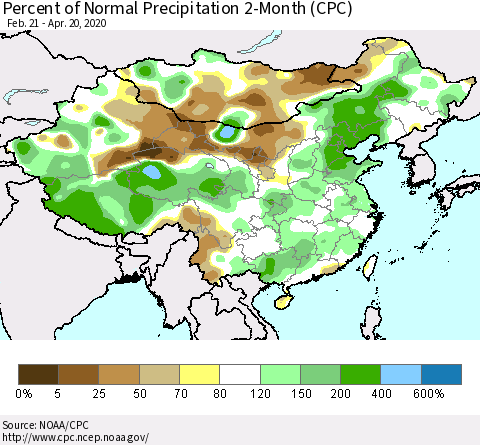 China, Mongolia and Taiwan Percent of Normal Precipitation 2-Month (CPC) Thematic Map For 2/21/2020 - 4/20/2020