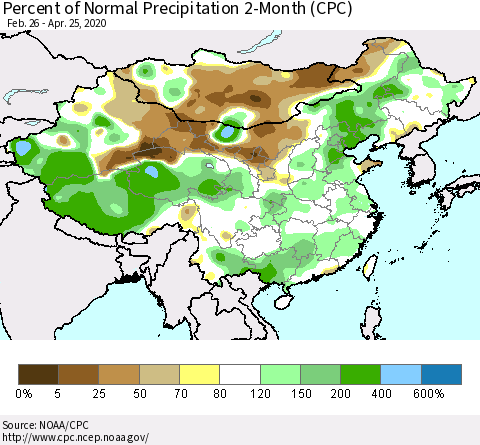 China, Mongolia and Taiwan Percent of Normal Precipitation 2-Month (CPC) Thematic Map For 2/26/2020 - 4/25/2020