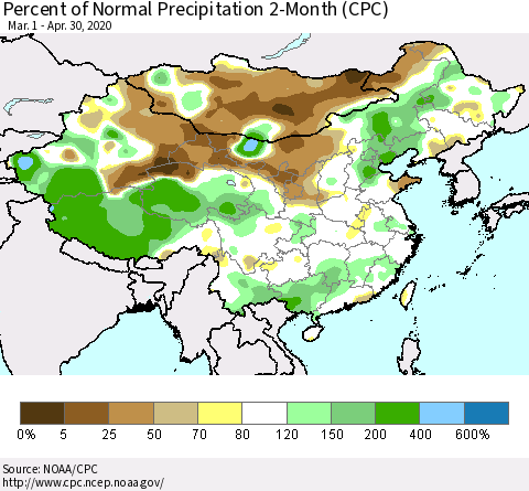 China, Mongolia and Taiwan Percent of Normal Precipitation 2-Month (CPC) Thematic Map For 3/1/2020 - 4/30/2020