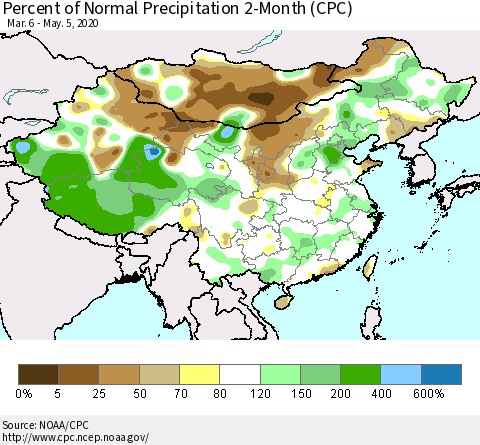 China, Mongolia and Taiwan Percent of Normal Precipitation 2-Month (CPC) Thematic Map For 3/6/2020 - 5/5/2020