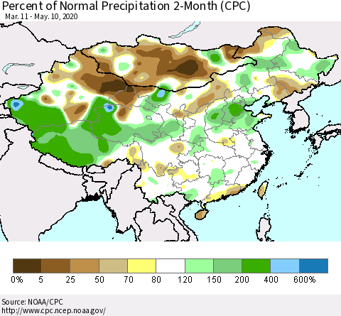 China, Mongolia and Taiwan Percent of Normal Precipitation 2-Month (CPC) Thematic Map For 3/11/2020 - 5/10/2020