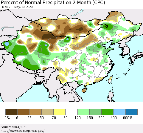 China, Mongolia and Taiwan Percent of Normal Precipitation 2-Month (CPC) Thematic Map For 3/21/2020 - 5/20/2020
