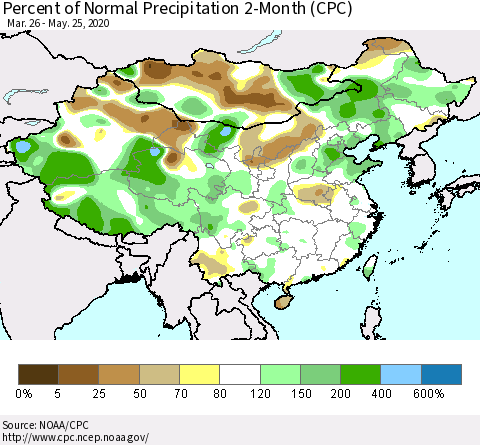 China, Mongolia and Taiwan Percent of Normal Precipitation 2-Month (CPC) Thematic Map For 3/26/2020 - 5/25/2020