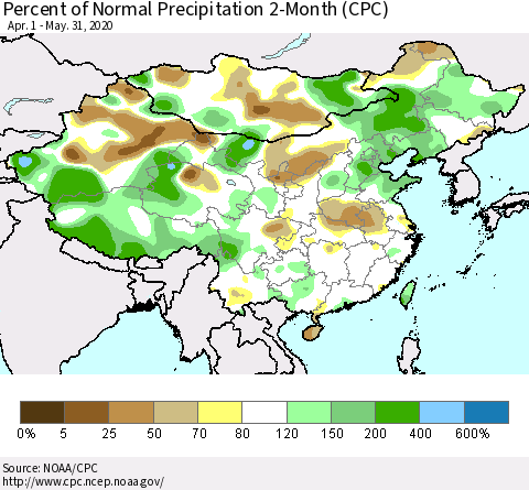 China, Mongolia and Taiwan Percent of Normal Precipitation 2-Month (CPC) Thematic Map For 4/1/2020 - 5/31/2020